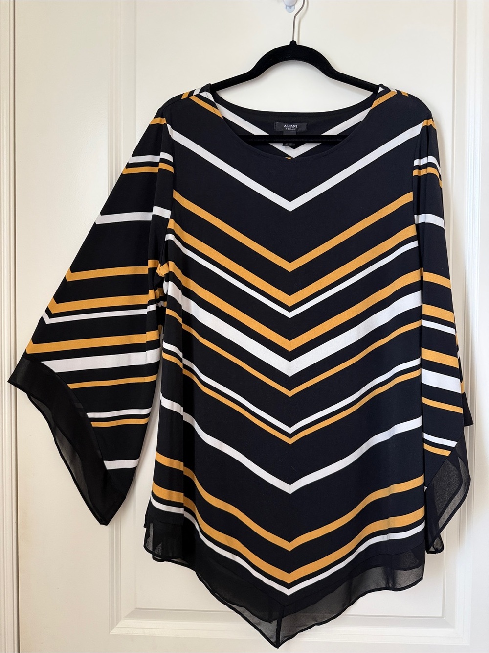 Alfani Black Blouse with Gold and White Chevron Stripes and Bell Sleeves